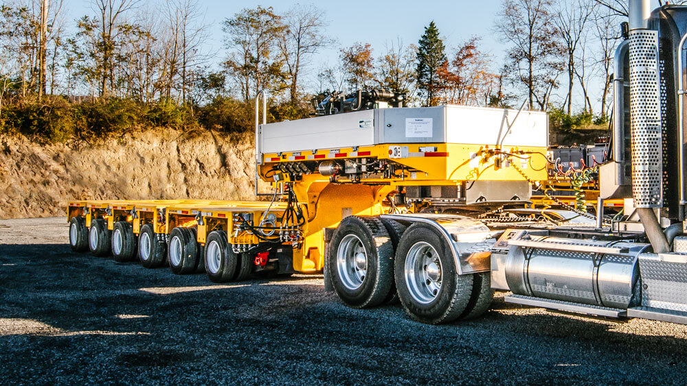 Front angle view of Goldhofer gooseneck for rent