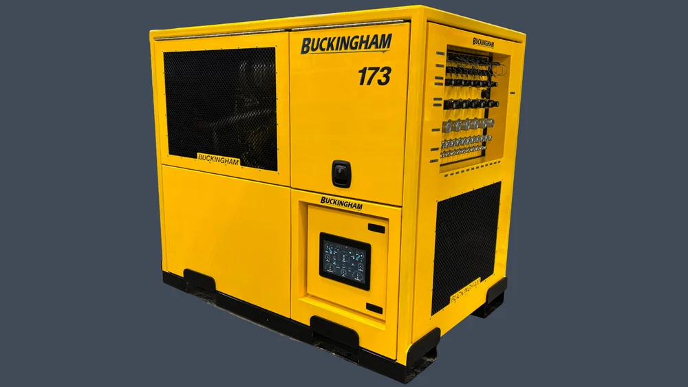 Heavy-duty steel, 4-way fork pockets, lifting eye; removable aluminum enclosure with sound-absorbing foam